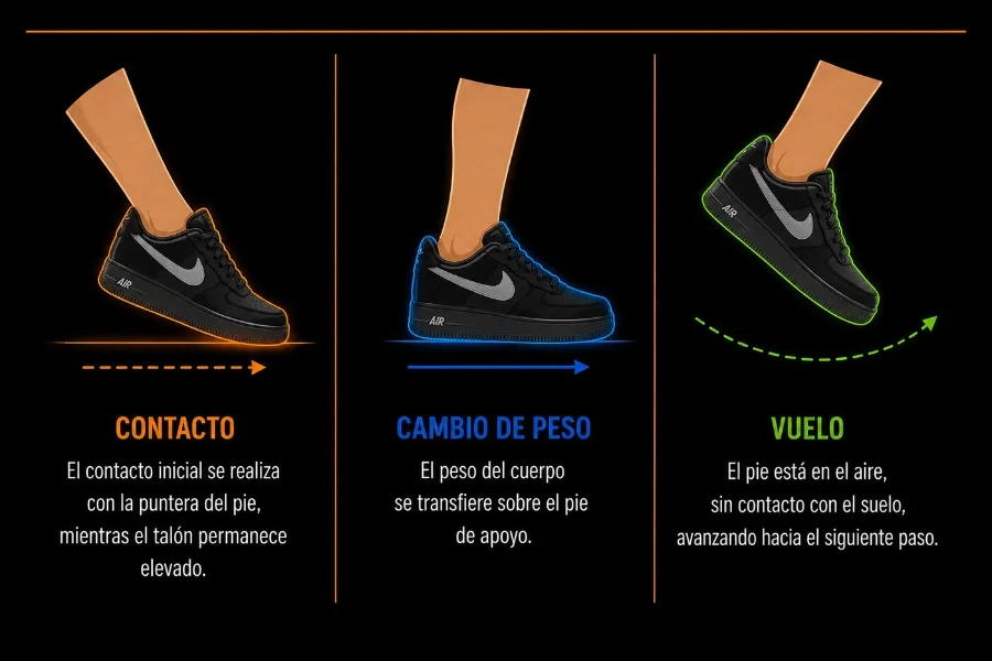 Infografía del método: las tres fases del paso — contacto, cambio de peso y vuelo