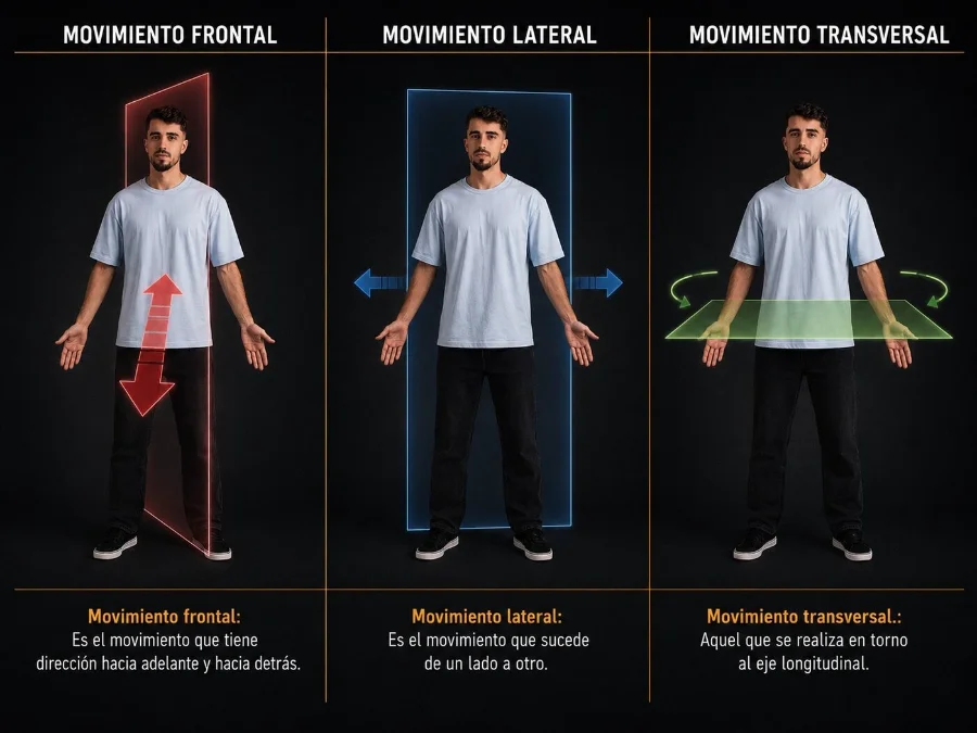 Infografía del método: los tres planos de movimiento en bachata — frontal, lateral y transversal